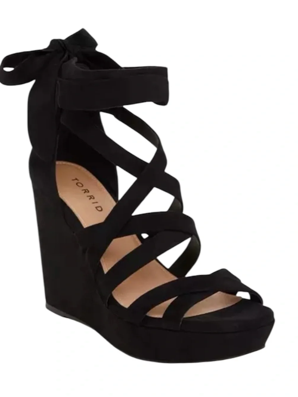 Torrid Black Suede Strappy Lace-Up Ankle-Wrap wedge sandals size WW 6.5